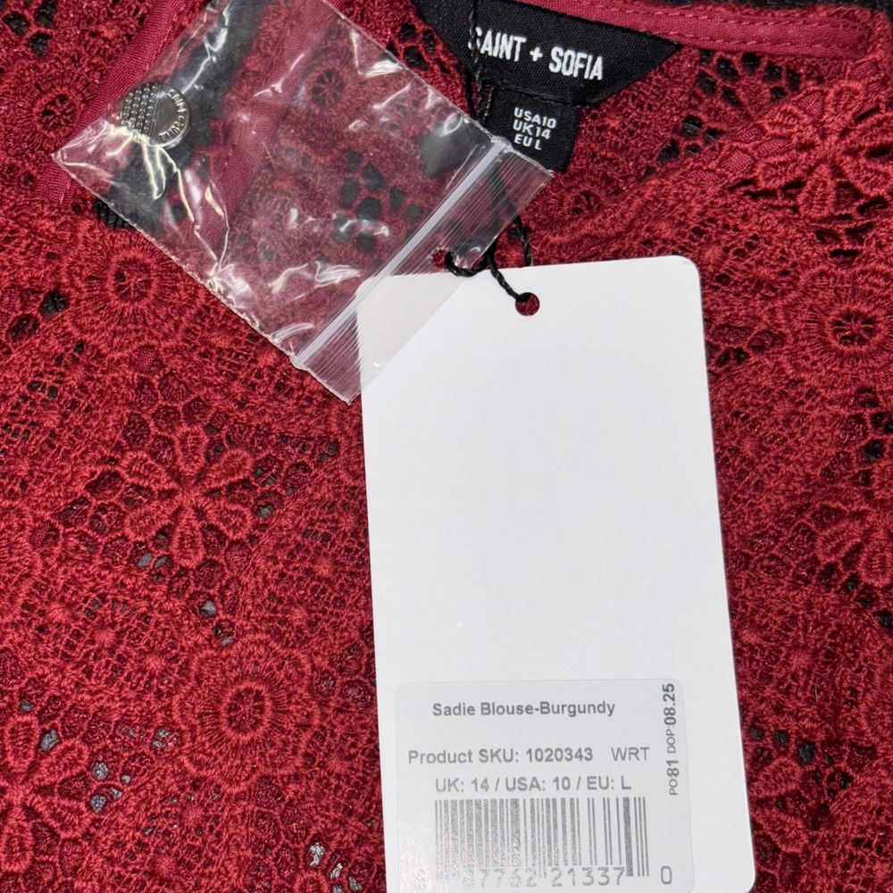 Saint + Sofia Sadie Blouse Burgundy Organic Cotton Lace Eyelet Top USA 10 NEW - Picture 5 of 11